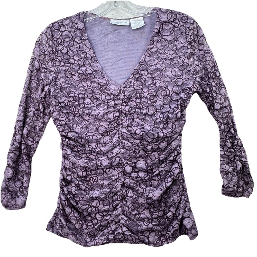 Y2K Soft Grundge Abstract Print Purple Lace Top Size Small Sheer Sleeve Ruched